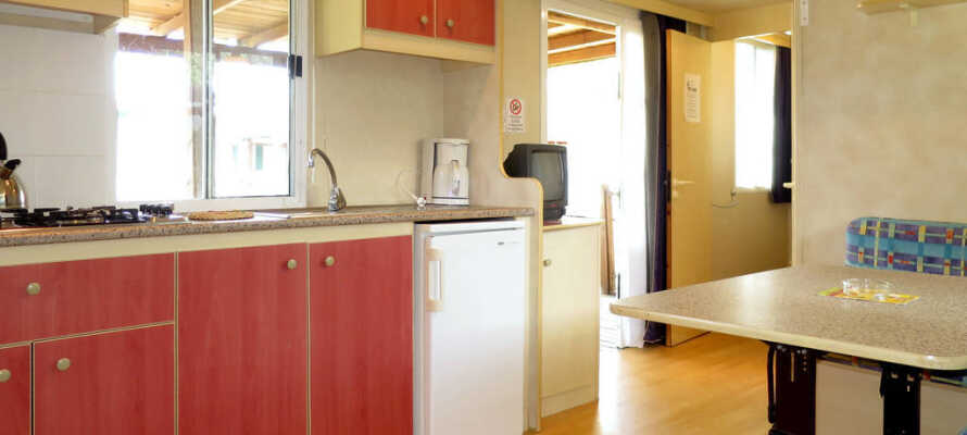 Alle mobilehomes har et lille køkken med spiseplads, så I selv kan lave mad