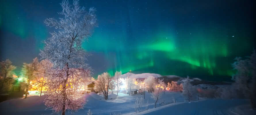 Placeringen i det nordlige Sverige betyder, at der er midnatssol om sommeren, og mulighed for at spotte nordlys om vinteren.
