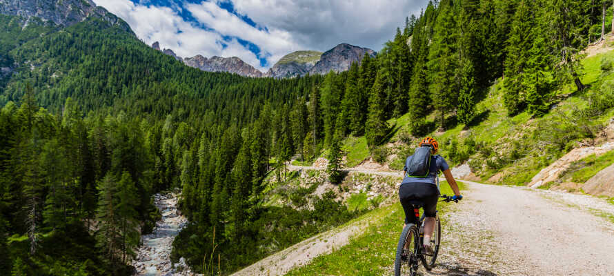Dolomitterne er som skræddersyet til mountainbiking, og i kan leje cykler direkte på hotellet.