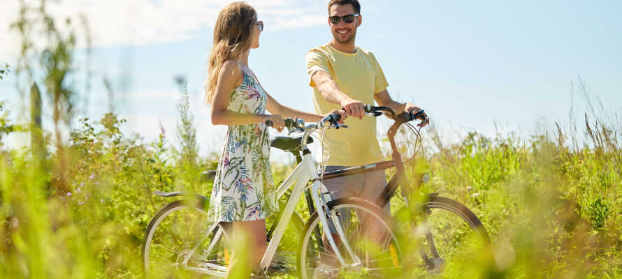 De naturskønne omgivelser med park og sø indbyder til hyggelige vandre- og cykelture. Vandrestave og cykler kan lånes gratis på hotellet.